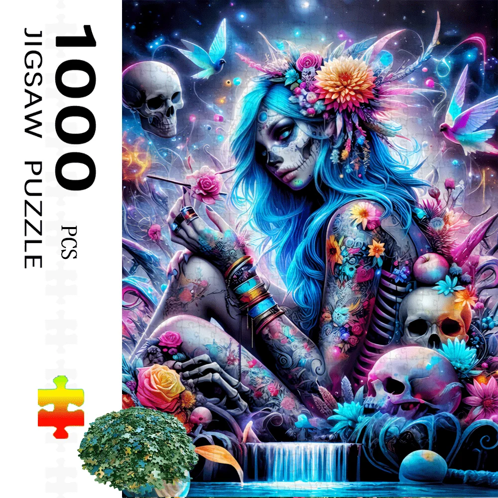 1000 Stück Gothic-Fantasie-Puzzle, geheimnisvolle blauhaarige Frau mit Totenkopf- und Schmetterlings-Blumenmuster – exquisite Details, Vibran Image