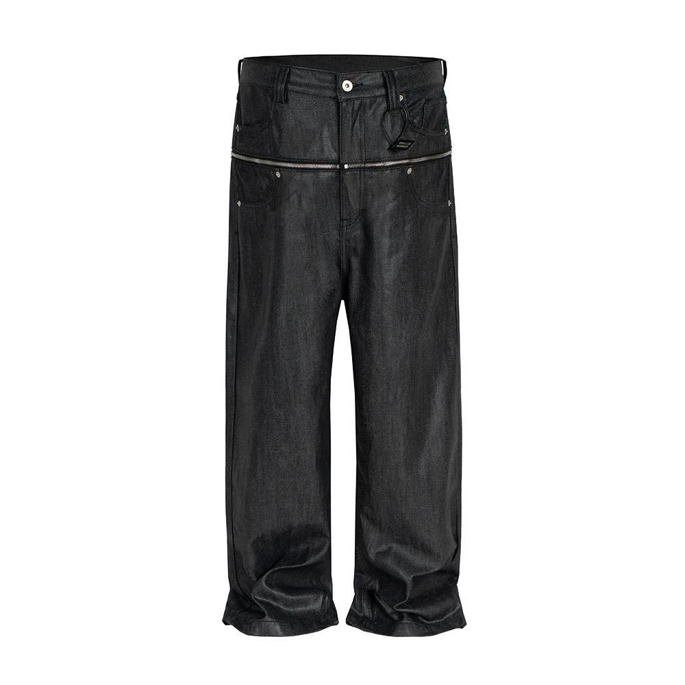 Vintage Hip Hop Zipper Wachs Beschichtet Original Jeans für Männer Gerade Ropa Hombre Schwarz Denim Hosen Streetwear Baggy Hosen