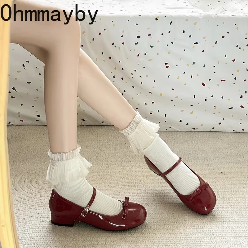 Frühling Weinrot Frauen Mary Jane Schuhe Flache Damen Casual Schmetterling-knoten Schuhe Elegante Kleid Leder Schuhe