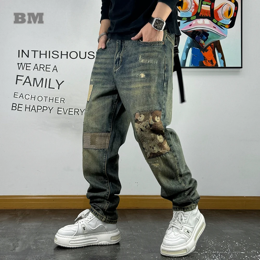 Japanische Vintage Gewaschene Dünne Gerade Jeans Männer Zerrissene Distressed Schwere Denim Gepatchte Hosen Trendy Streetwear Hosen Männlich