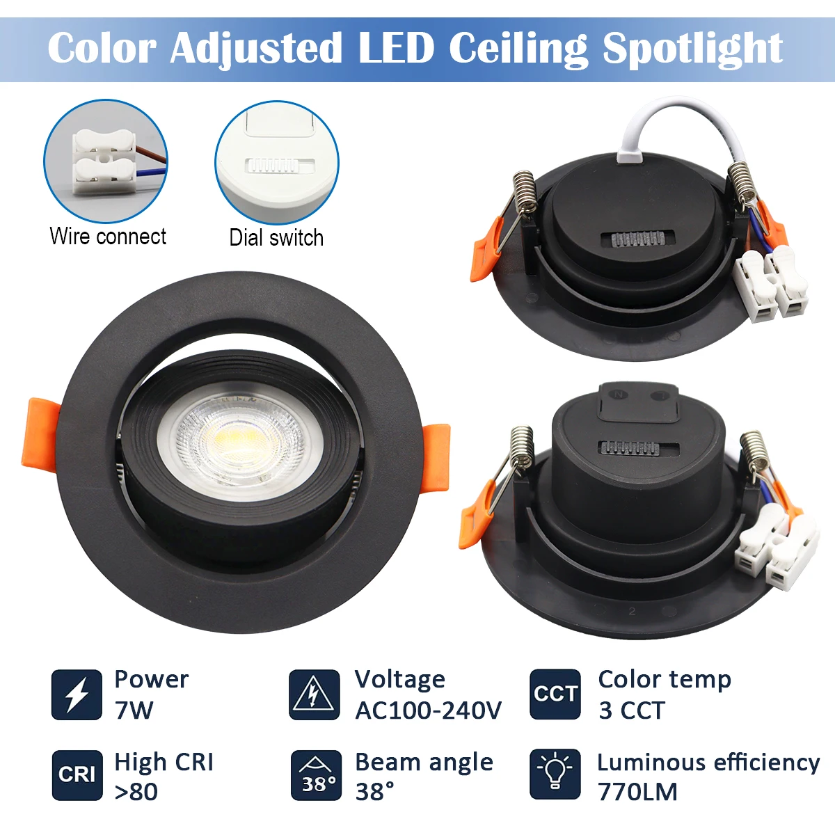 8 Stück LED-Deckenstrahler 90 ° Verstellbarer Winkel AC 220V 110V Dreifarbige Dimmbare Einbau-Downlights mit Drehschalter für Schlafzimmer und Zuhause