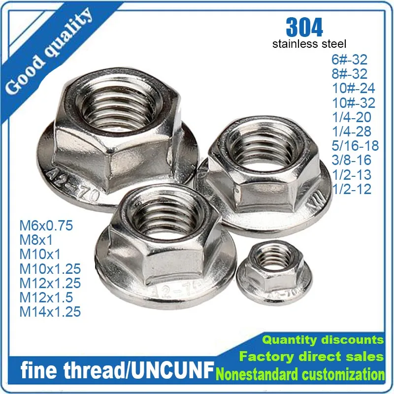 Feingewinde M6 M8 M10 M12 M14 UNC/INF 6 # -32 8 # -32 10 # -24 32 1/4-20 28 5/16-18 3/8-16 1/2-13 12 304 Edelstahl-Flanschmutter Image