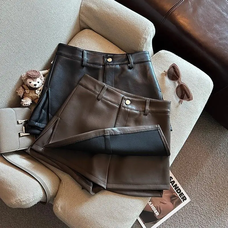 Vintage Braun PU Leder Röcke Weibliche Sexy Hot Mädchen Paket Hüfte Mini Rock Frauen Herbst Winter Hohe Taille Split Shorts Rock