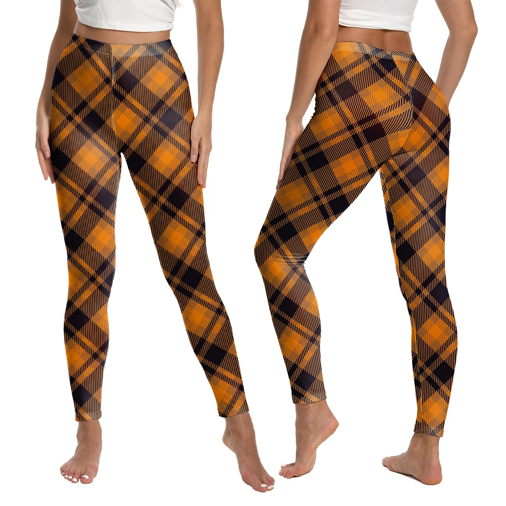 Nadanbao Frauen Orange und Schwarz Plaid Halloween Leggings Mittlere Taille Party Hosen Herbst Casual Hosen Sexy Strumpfhosen Geschenke