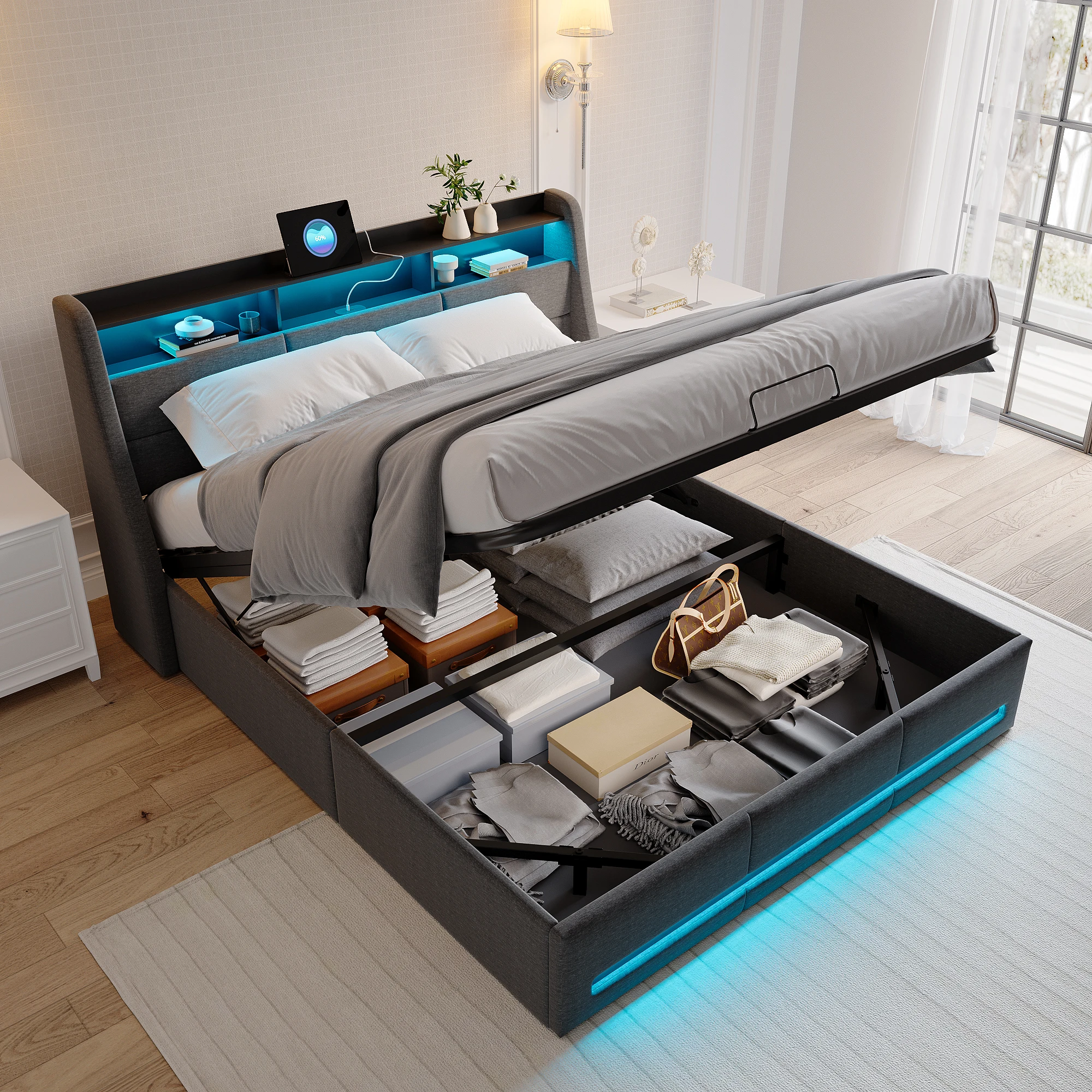 Rosahqnda Polsterbett 140/160 x 200 cm, Doppelbett mit Stauraum, LED-Kopfteil mit USB-Ladefunktion, Funktionsbetten Image