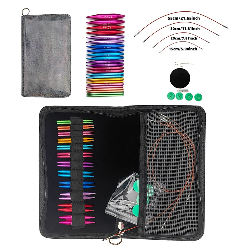 Ein Satz 37-teiliger Strickwerkzeuge, Mini-Shorts, 5,5 cm, abnehmbarer, austauschbarer Kopf, Rundnadel-Set, 12 Paar 3,0–8,0 mm