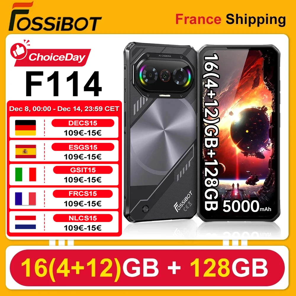 Fossibot F114 Ultradünnes Robust-Smartphone 16(4+12)GB +128GB Unisoc T615 4G 5000mAh 18W 50MP+8MP+2MP Android 15 Image