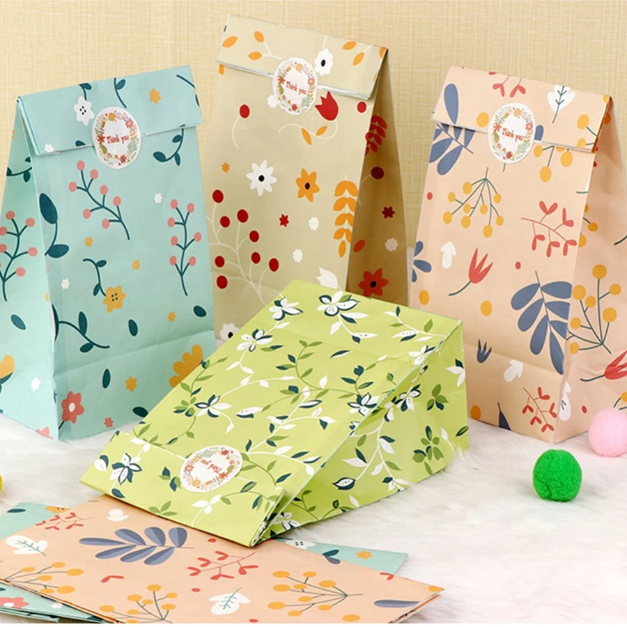 12/24PCS Pflanzenmuster Geschenkpapiertüten für Süßigkeiten, Kekse, Bäckerei, Kraftpapier, Verpackungsbeutel mit Aufklebern Image