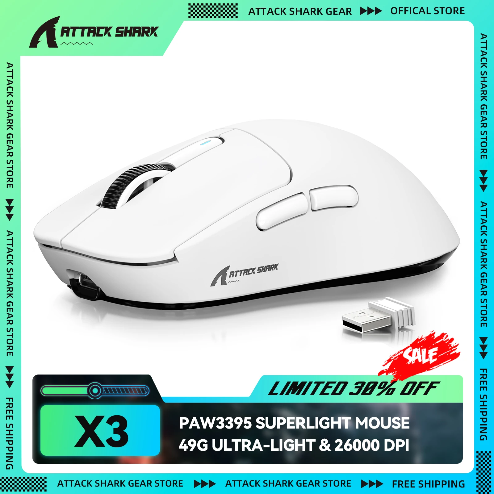 ATTACK SHARK X3 Kabellose Gaming-Maus, PixArt PAW3395-Sensor, 26K DPI, 49 g Ultraleicht, Tri-Mode 2,4 G/Bluetooth/kabelgebunden, für PC/MAC Image