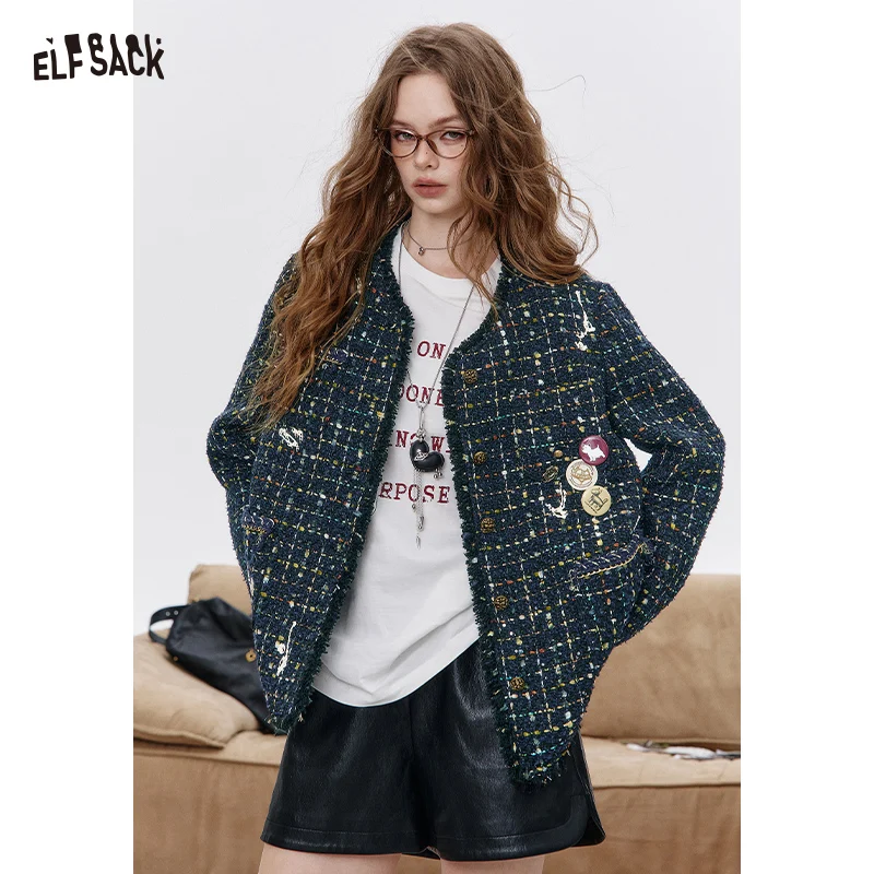 ELFSACK Preppy-Style-Jacke mit elegantem französischem Tweed, Print und ausgefransten Kanten, Blazer-Mantel mit Broschendekor für Damen Image