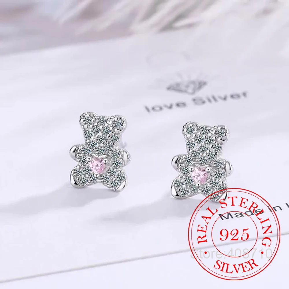 925 Sterling Silber Einfache Kristall Nette Rosa Herz Bär Stud Ohrringe für Frauen Hochzeit Schmuck Geschenk Pendientes Mujer Moda