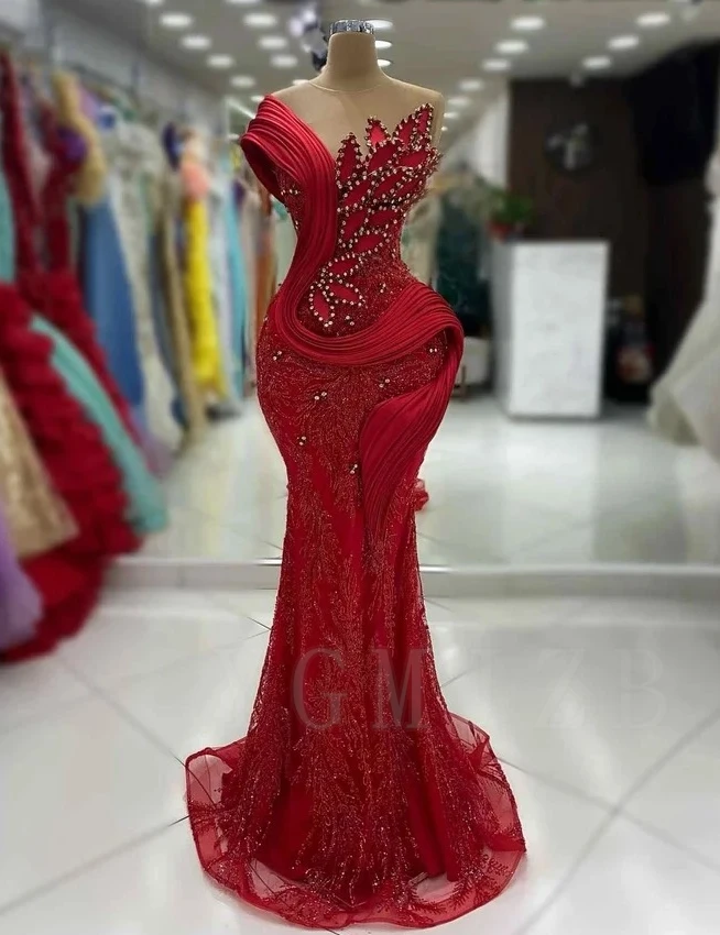 Aso Ebi Abendkleider Lang Luxuriös Meerjungfrau-Stil Einärmelig Perlenbesetzt Strass Blattmuster Rot Schick Geburtstag Abschlussball Partykleider für Hochzeiten Image