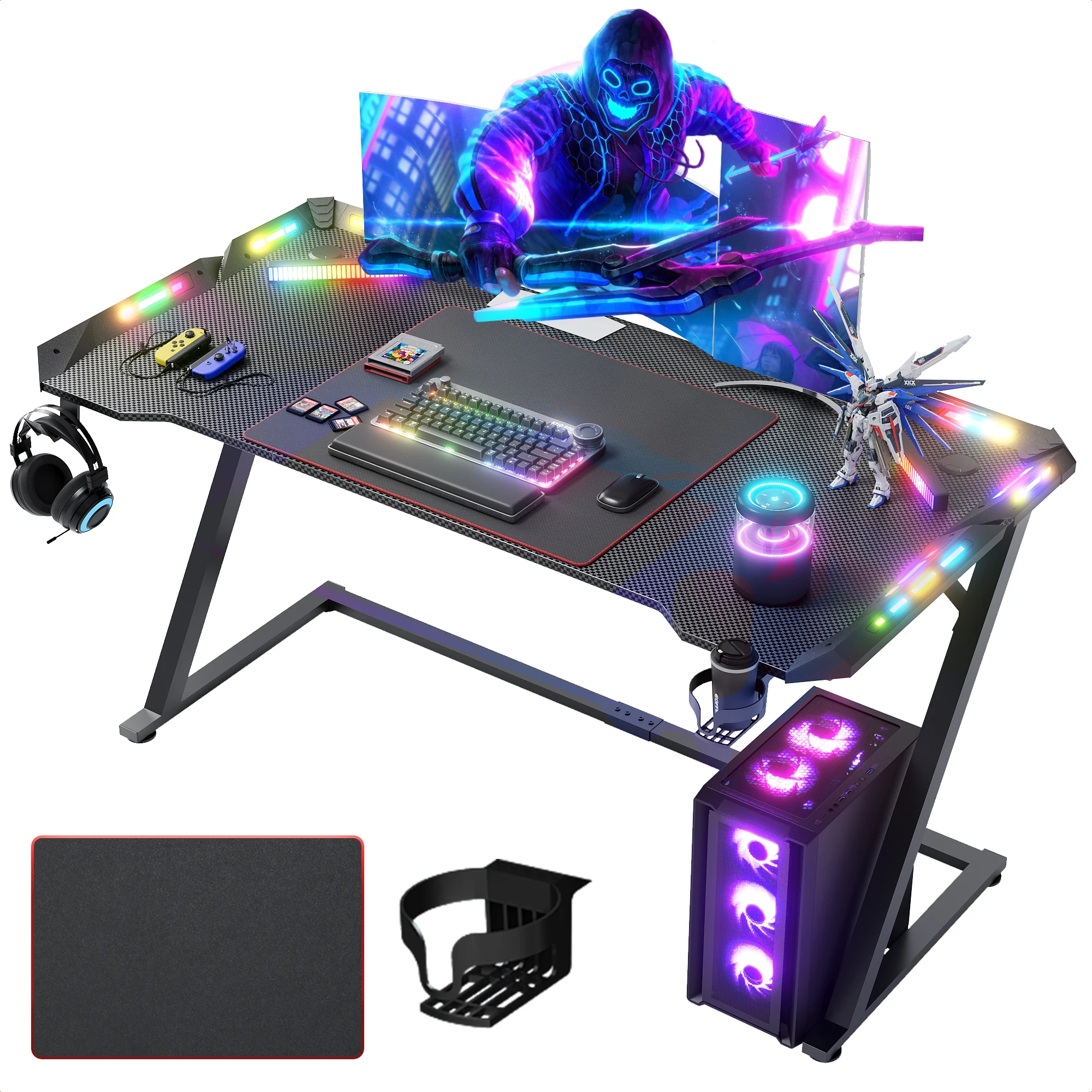 Seang Gaming Tisch mit LED, 100x60 cm Gaming Schreibtisch Z-Frame, Ergonomischer Gamer PC Tisch mit Getränkehalter