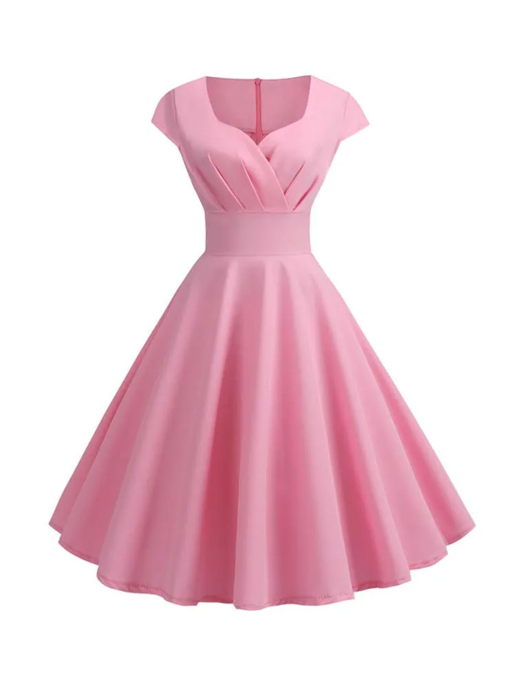 Rosa Sommerkleid Frauen V-ausschnitt Große Schaukel Vintage Kleid Robe Femme Elegante Retro pin up Party Büro Midi Kleider