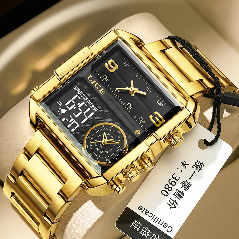LIGE Neue Top-Marke Luxus Mode Herrenuhren Gold Stahl Sport Quadratisch Digital Analog Große Quarzuhr für Männer Relogio Masculino