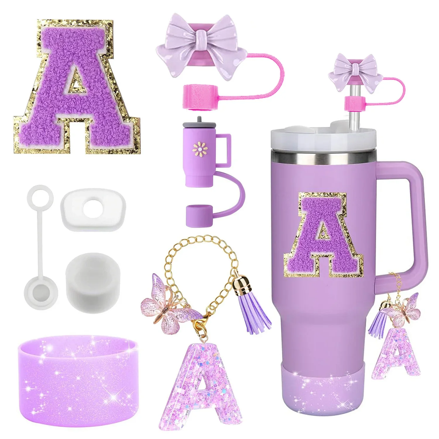 8-teiliges Zubehör-Set für Stanley Cup, lila, 30 Unzen, 40 Unzen, Tumbler, Silikon-Strohhalm-Topper, Abdeckkappe, Kofferraumgriff, Charm-Initialen-Aufkleber Image