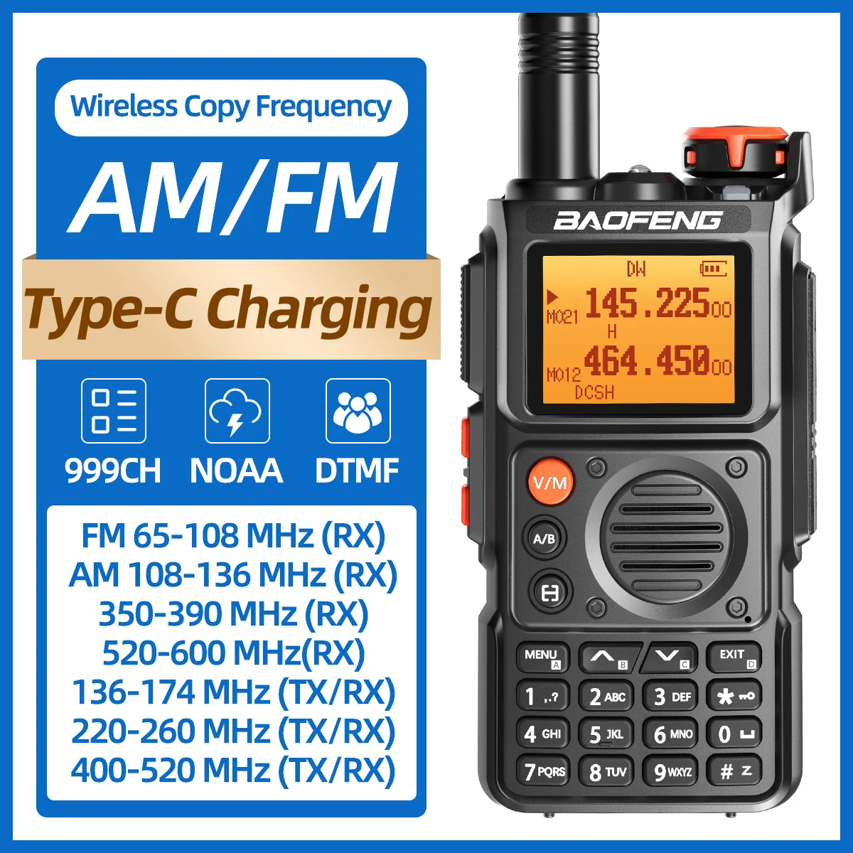 Baofeng UV-K6 Walkie Talkie mit großer Reichweite, vollbandig, kabellos, Kopierfrequenz, Typ-C-Aufladung, UHF, VHF, Amateurfunkgerät für Camping Image