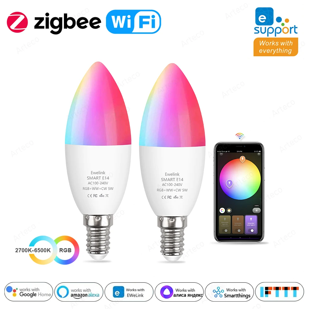 Ewelink e14 led lampe zigbee smart wifi rgb led licht 240-v kerzen lampe dimmbar led kronleuchter lampe scheinwerfer für wohnkultur