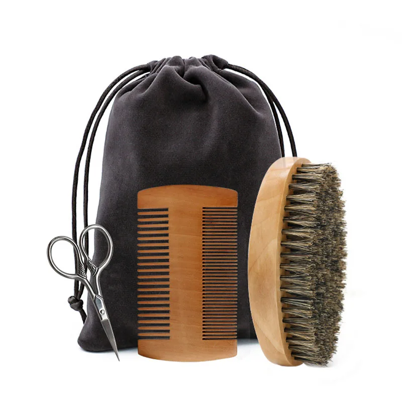 Professionelle Weiche Wildschwein Borsten Holz Bart Pinsel Friseur Rasierpinsel Kamm Männer Schnurrbart Kamm Kit Mit Geschenk Tasche Haar Kamm Set Image