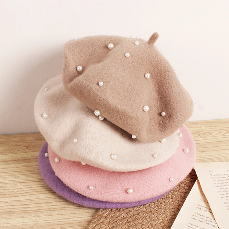 Wolle Kinder Winter mütze für Mädchen Retro Baby Baskenmütze Hüte mit Perlen Herbst Winter Kinder Mütze für Kinder Accessoires 2-6y Image