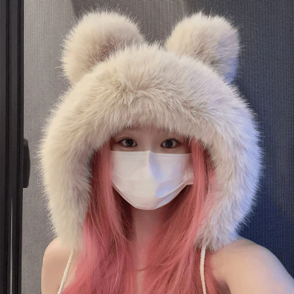 Frauen Nette Bär Ohr Kawaii Fuchs Pelz Hut Nachahmung Nerz Plüsch Winter Warme Verdickte Japanische Bomber Hut Ohr Schutz Cosplay Kappe