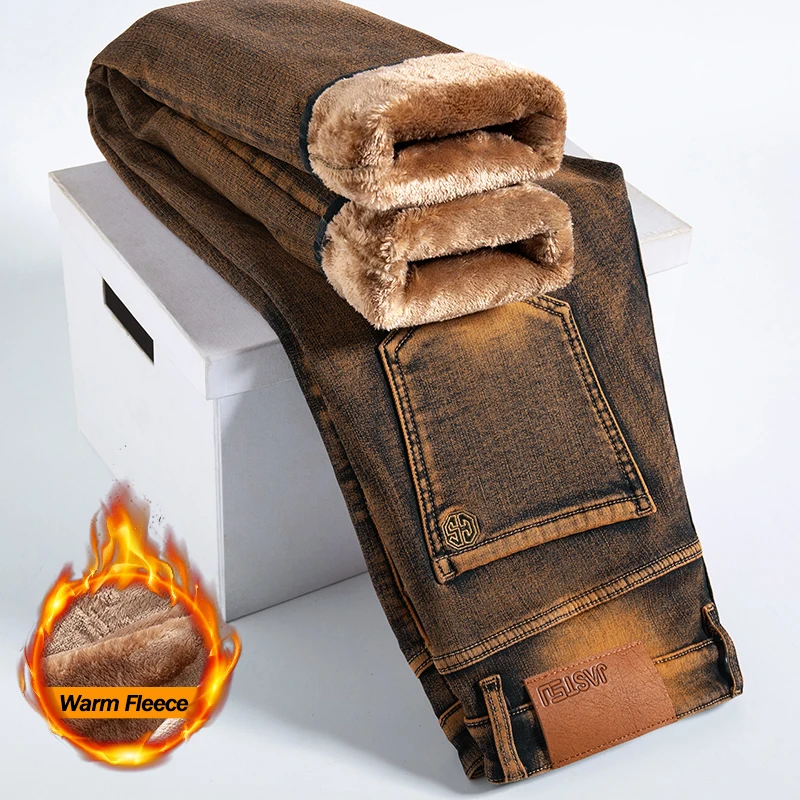 Hohe Qualität Braun Winter Jeans männer Verdickte Samt Warme Elastische Gerade Denim Hosen Mode Vintage Koreanische Plüsch Hosen