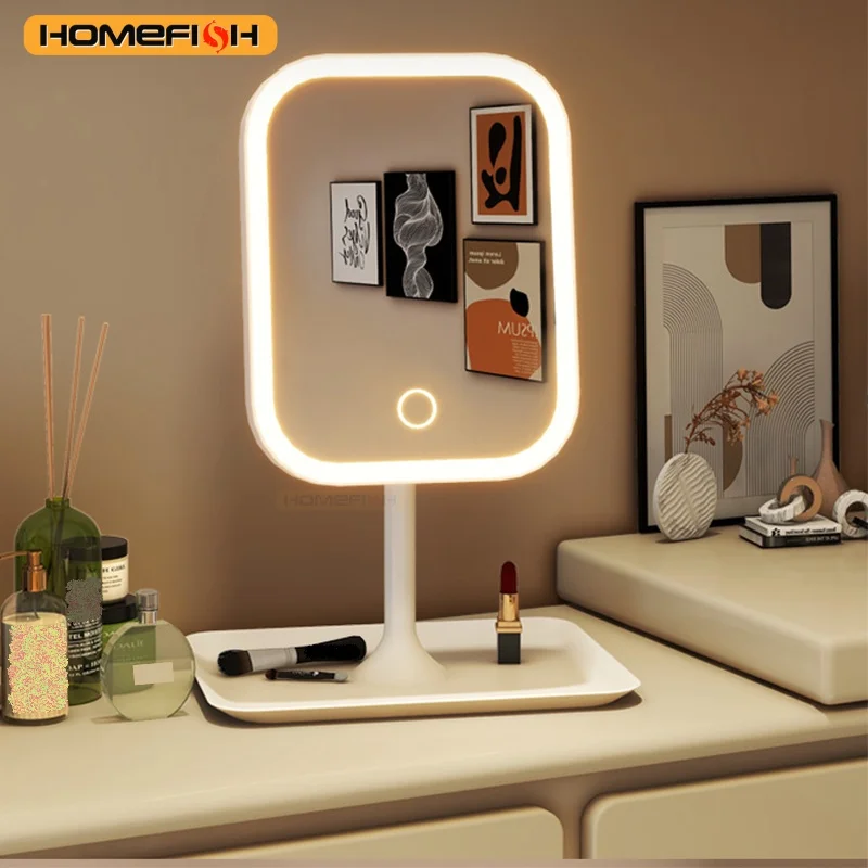 Niche Moderner Desktop-Kosmetikspiegel, 3-farbiges Licht, LED-Schminkspiegel, berührender Spiegel, Damen-Schlafzimmer-Schminkspiegel