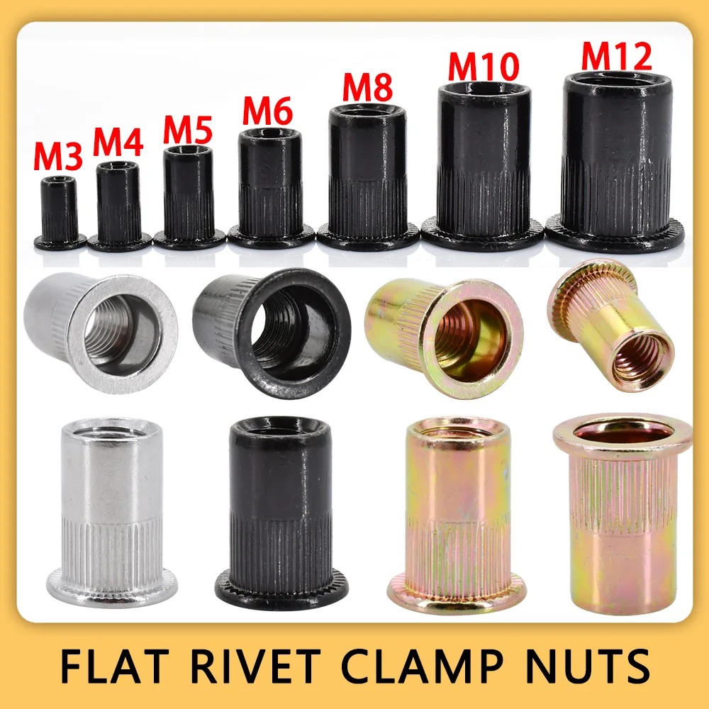 60/100 Stück flache Nietmutter aus Kohlenstoff/Edelstahl, Popnieten, metrisches Gewinde, Metallplatte, Klemmschloss, Aluminium-Nietmuttern, M3, M4, M5, M6, M8 Image