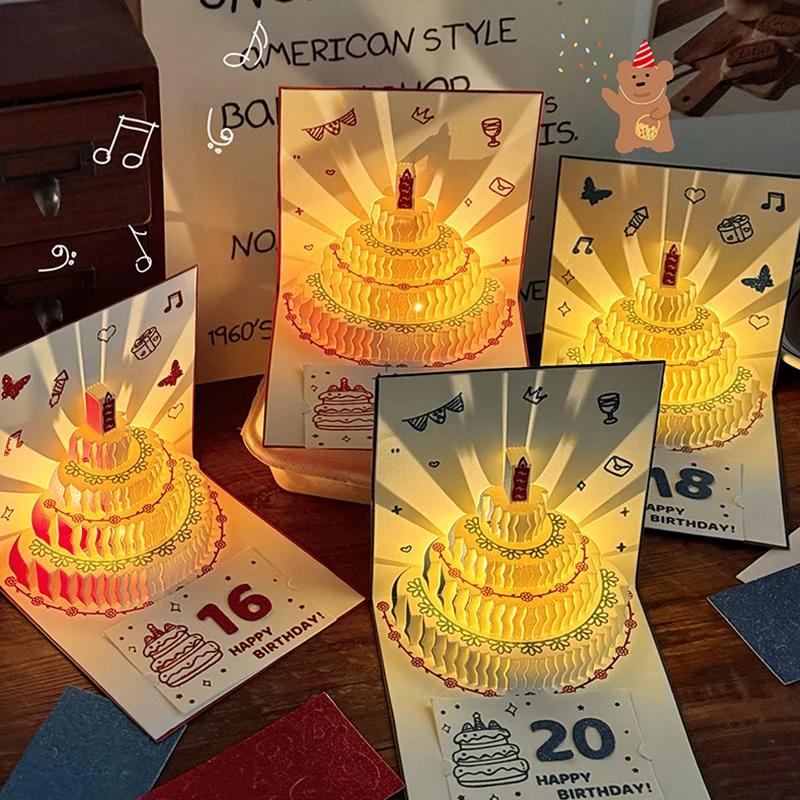 Ins Geburtstagsgeschenk Musik-Licht-Karte mit Goldpulver, Kreative Dreidimensionale Grußkarte, 3D-Kuchen-Segenswunschkarte zum Selbermachen Image