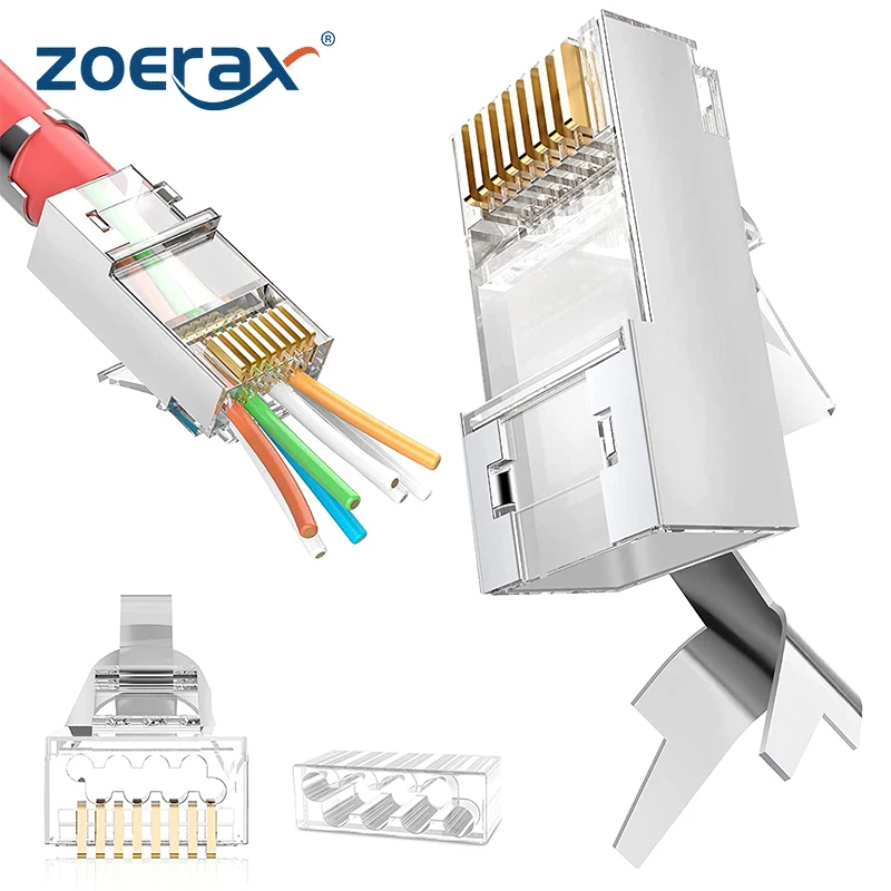 ZoeRax 30 Stück RJ45 Cat8 Cat7 & Cat6A Pass-Through-Steckverbinder 8P8C 50UM vergoldet geschirmt FTP/STP | Modularer RJ45-Netzwerkstecker
