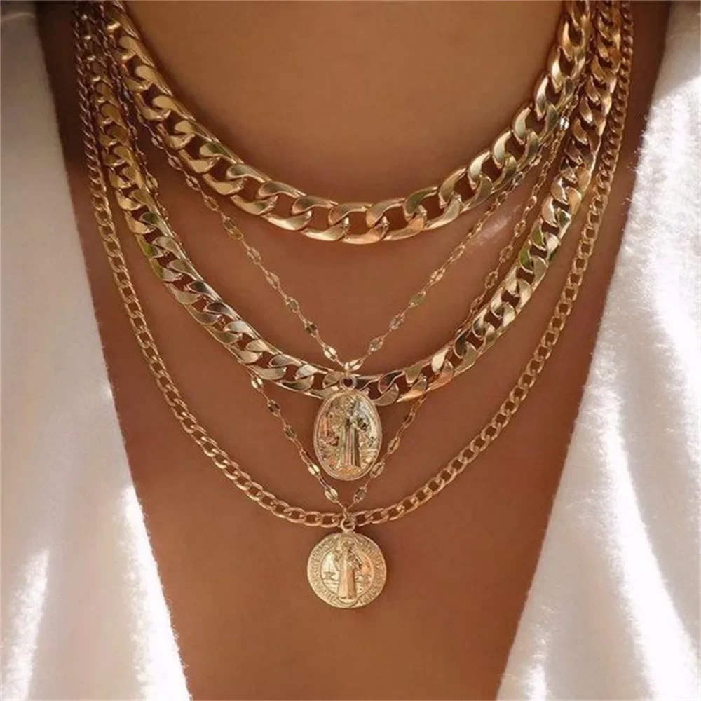 Neue Mode Multilevel Punk Gold-platte Dicke Geometrische Kette Halskette Für Frauen Vintage Jesus Mary Porträt Münze Anhänger Schmuck