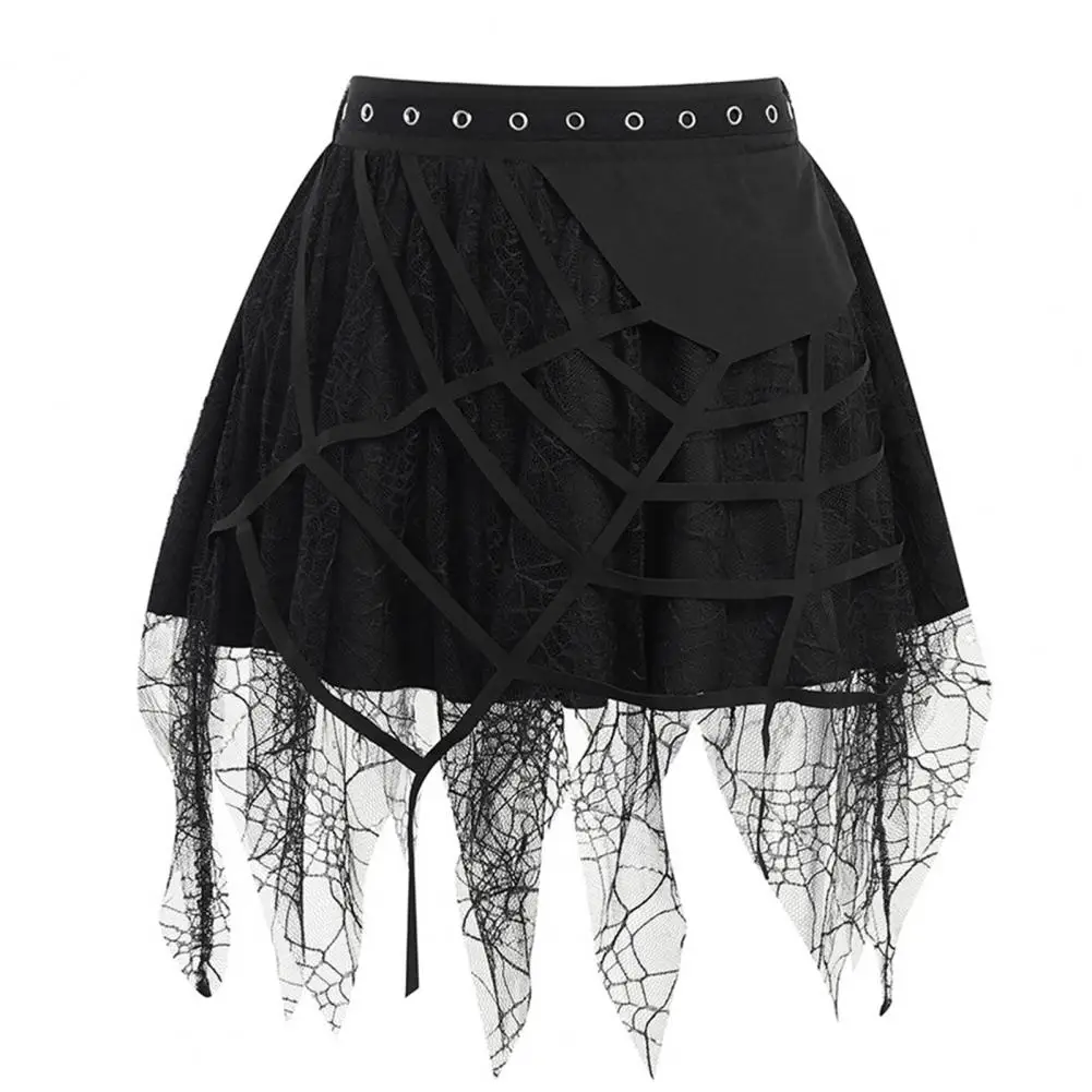 Frauen Rock Halloween Spider-Web Dekor Quaste Mini Rock Elastische Taille Big Hem Gothic Metall Löcher Sommer Rock Party kleidungsstück