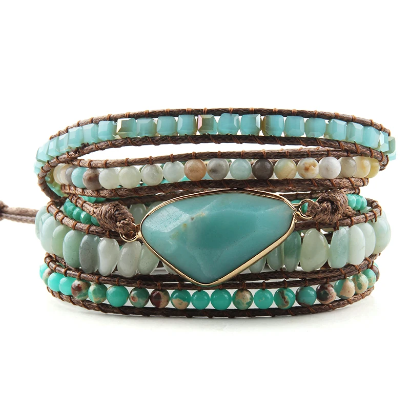 Modischer böhmischer Schmuck, Dreieck, Natursteine, Charm-Designer, 5 Stränge, Mix, handgefertigte Wickelarmbänder, Festival-Geschenk Image
