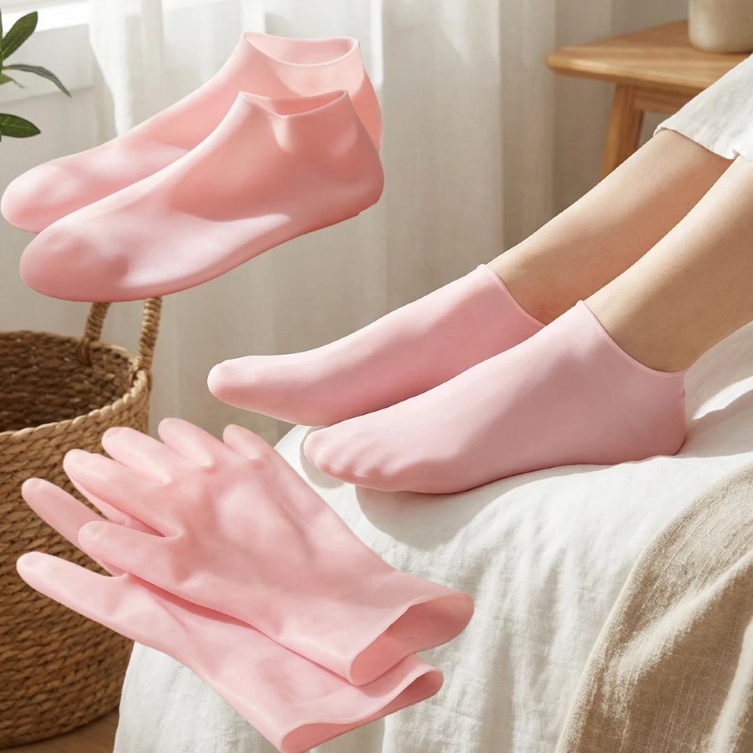 4-teiliges feuchtigkeitsspendendes Silikon-Socken-Set, 1 Paar Handschuhe und 1 Paar Fußbezüge, wiederverwendbare Spa-Socken zur Erweichung von Füßen und Händen Image