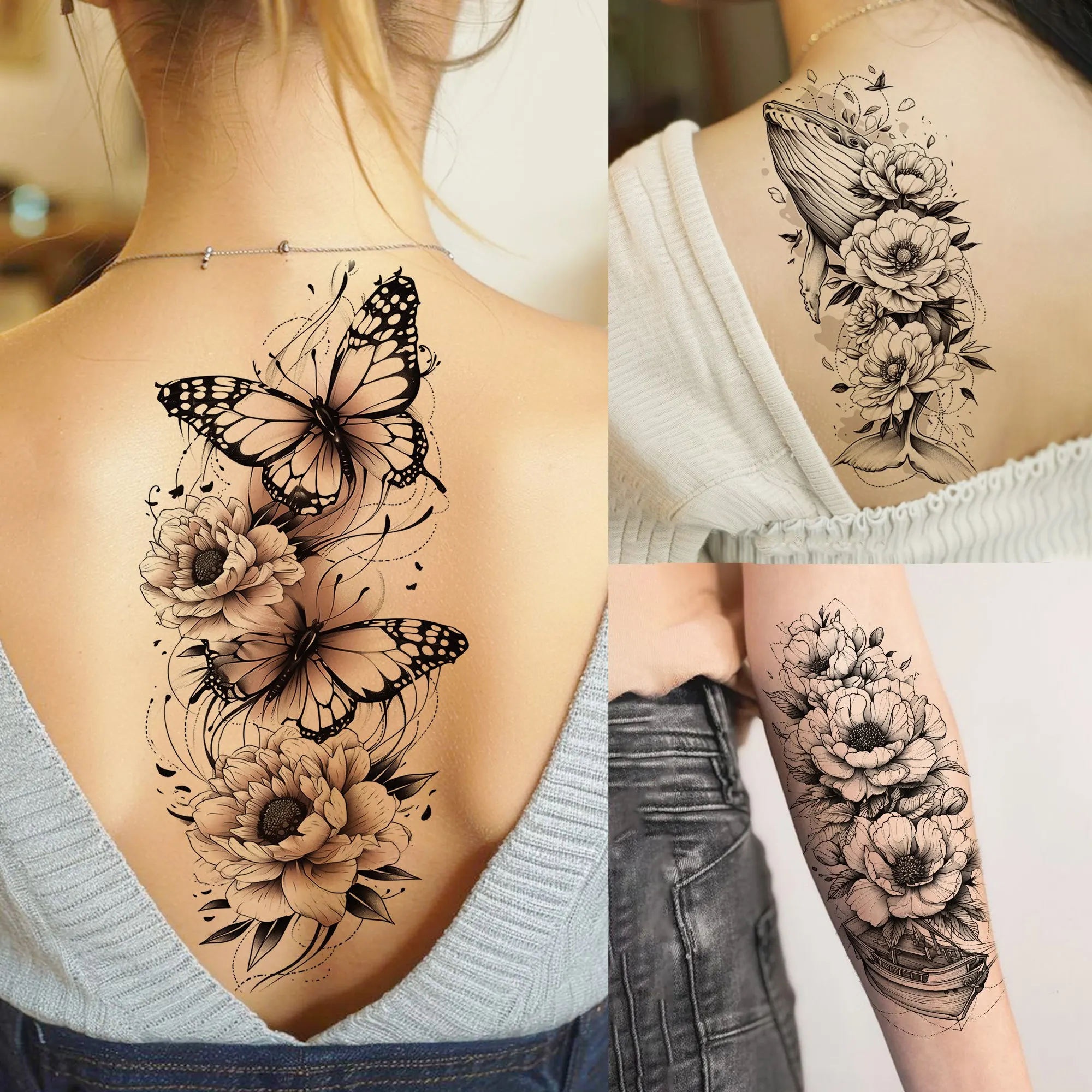 1 Blatt schöne Schmetterlingsblumen temporäre Tattoos für Frauen und Mädchen, wasserdichte gefälschte Tattoos, florale Tiere, temporäre Tattoo-Aufkleber Image