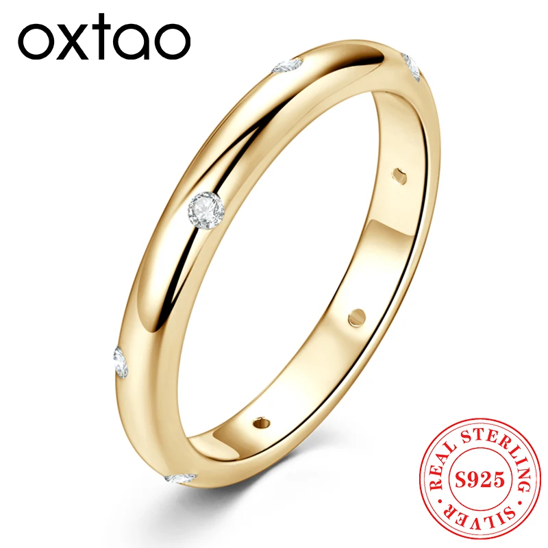 OXTAO Runder Moissanit-Ring, 925er-Sterlingsilber, D-Farbe, funkelnder Ewigkeitsring, Hochzeit, Verlobungsringe für Frauen, zertifiziert