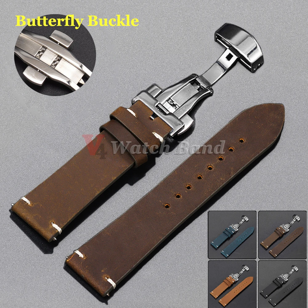 Nahtendes Rindslederarmband für Omega 18/19/20/21/22/24 mm für Handgelenkarmband für Seiko Vintage Lederuhrenarmband Schmetterlingsschnalle