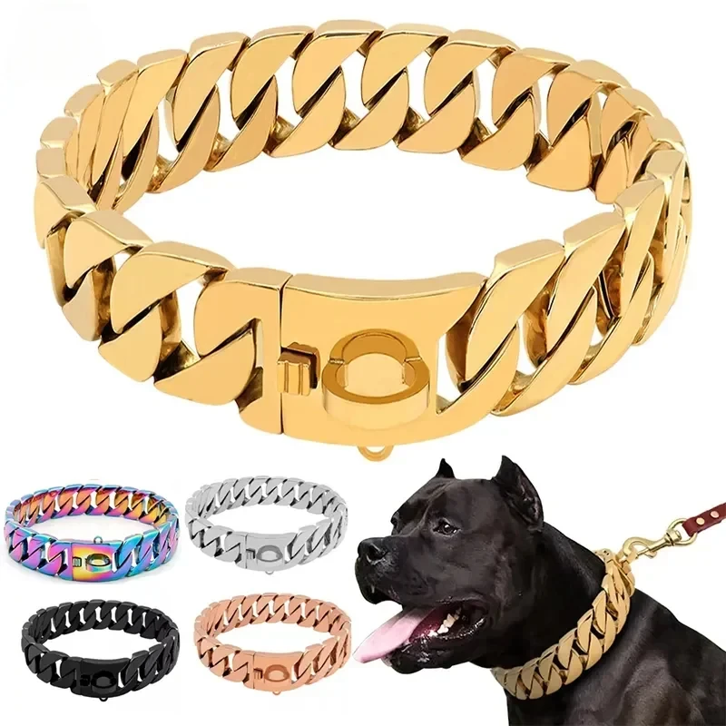 32mm breite starke Metall Hunde ketten halsbänder Edelstahl Hunde halsband Pitbull Gold Hunde kette für große Hunde Image