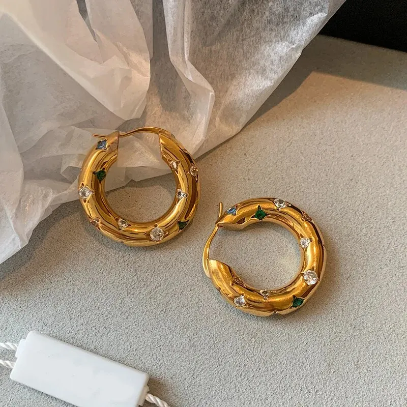 Trendy Gold Farbe Kristall Edelstahl Runde Ohrringe Für Frauen Imitation Perle Metall Ohrring Party Alltag Schmuck Image