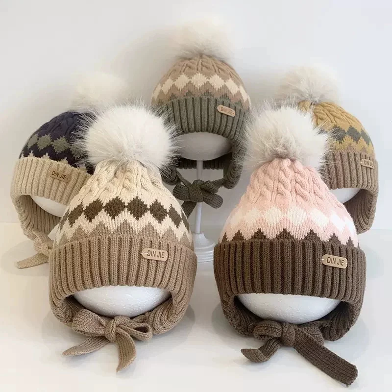 Flauschige Fellknäuel-Baby-Mütze, Winter, warm, für Kinder, Skullies-Kappe, 2–6 Jahre, Kinder, Häkelmütze, einfarbig, Strickmütze für Kleinkinder Image