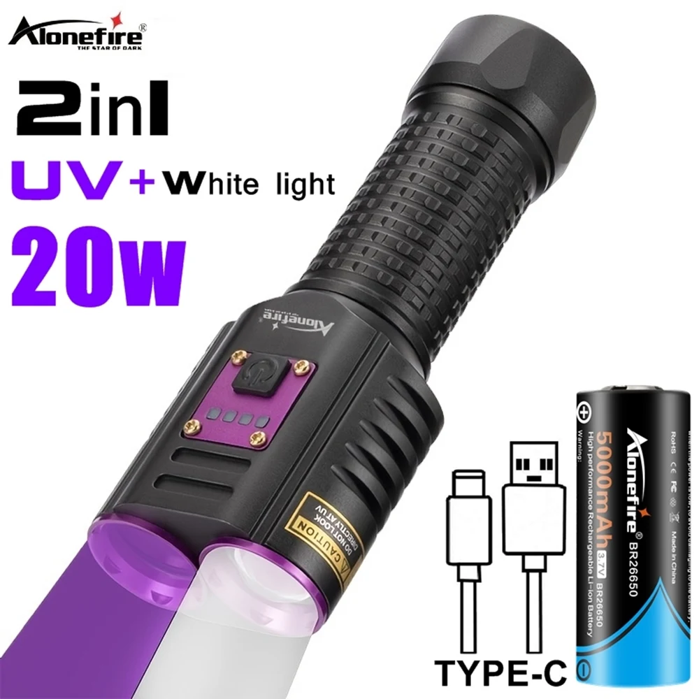 2in1 20W UV + Weißes Licht Hochleistungs-Taschenlampe 365nm USB-Aufladung Schwarzlicht Geld Erz Haustierflecken Leckage Marker Detektorlampe Image