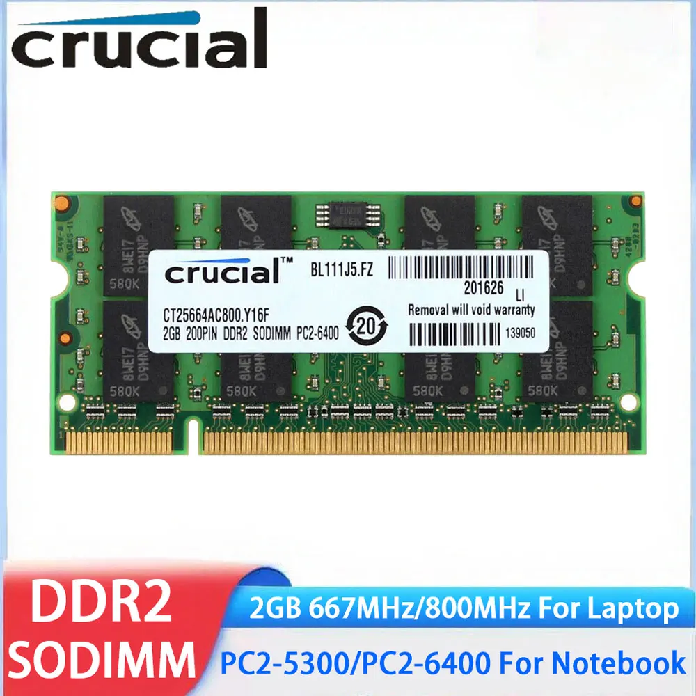 Crucial Memoria Laptop RAM DDR2 2 GB 4 GB (2 x 2 GB) 667 MHz 800 MHz Speicher SODIMM PC2-5300 PC2-6400 Nicht-ECC ungepuffert für Notebook Image