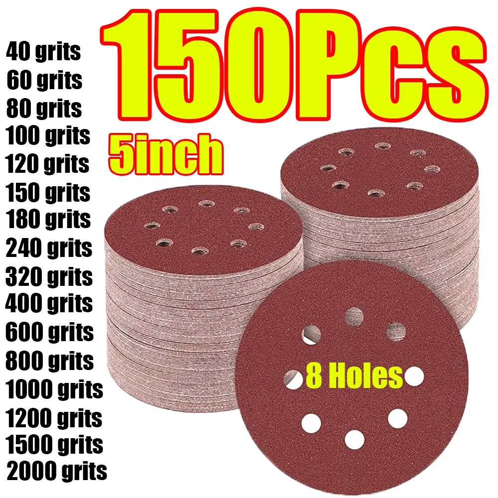 1-150 Stück 8-Loch 5-Zoll Schleifscheiben 125mm Runde Schleifpapier 40-2000 Körnung Schleifpapier Holz-Jade-Schleifscheibe Abrasives Polierwerkzeug Image