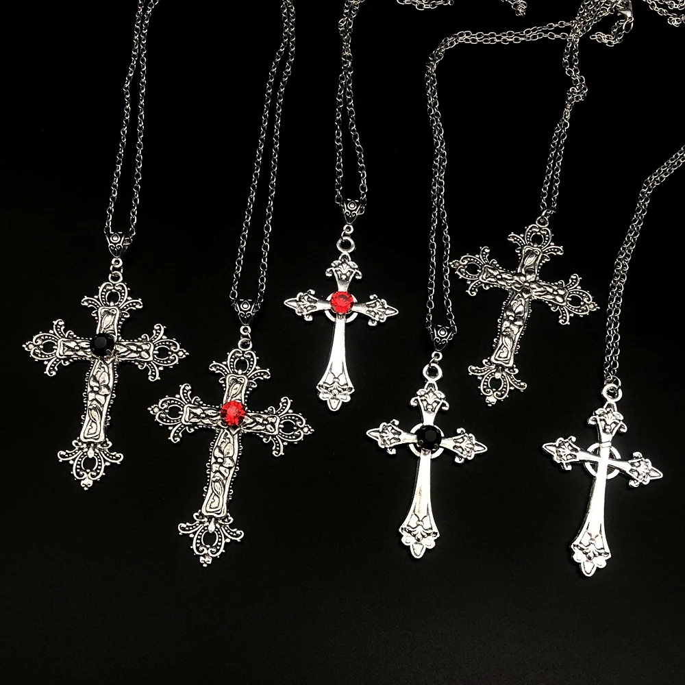 Große, detaillierte Kreuzbohrer-Anhänger-Juwel-Halskette, silberfarben, Ton, Gothic-Punk-Schmuck, modischer Charme, Statement-Damen-Geschenk (rot).