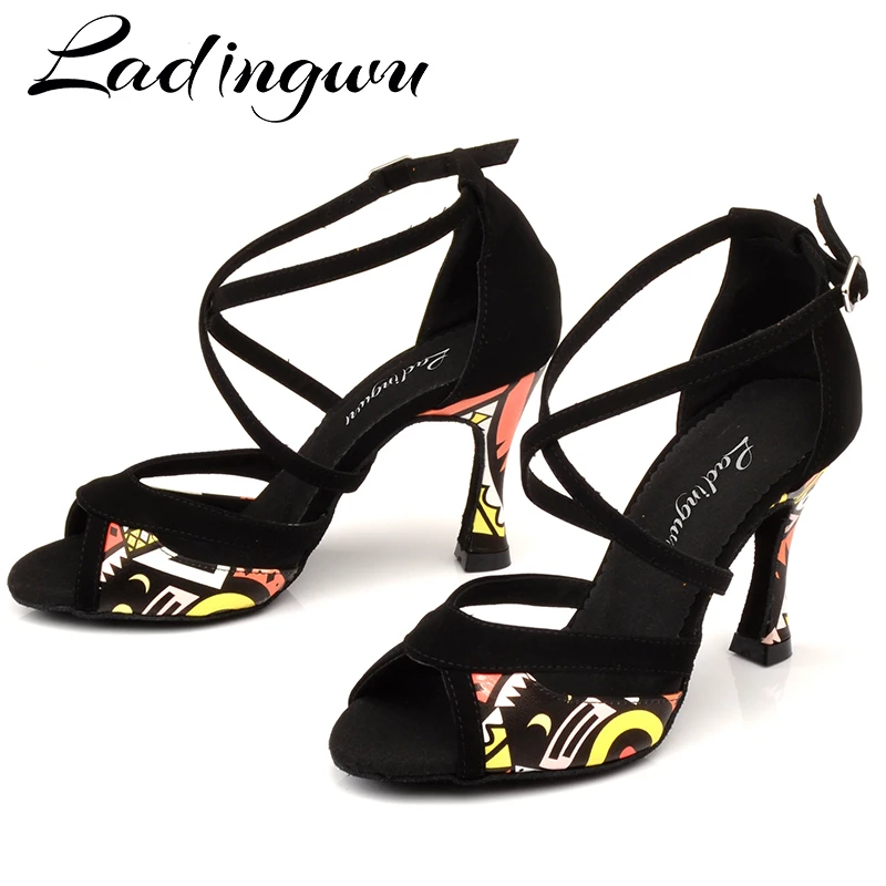 Ladingwu Latin Dance Schuhe Für Frauen Schwarz Flanell und Orange Afrikanische druck Salsa Dance Schuhe frauen Ballsaal Dance Sandalen