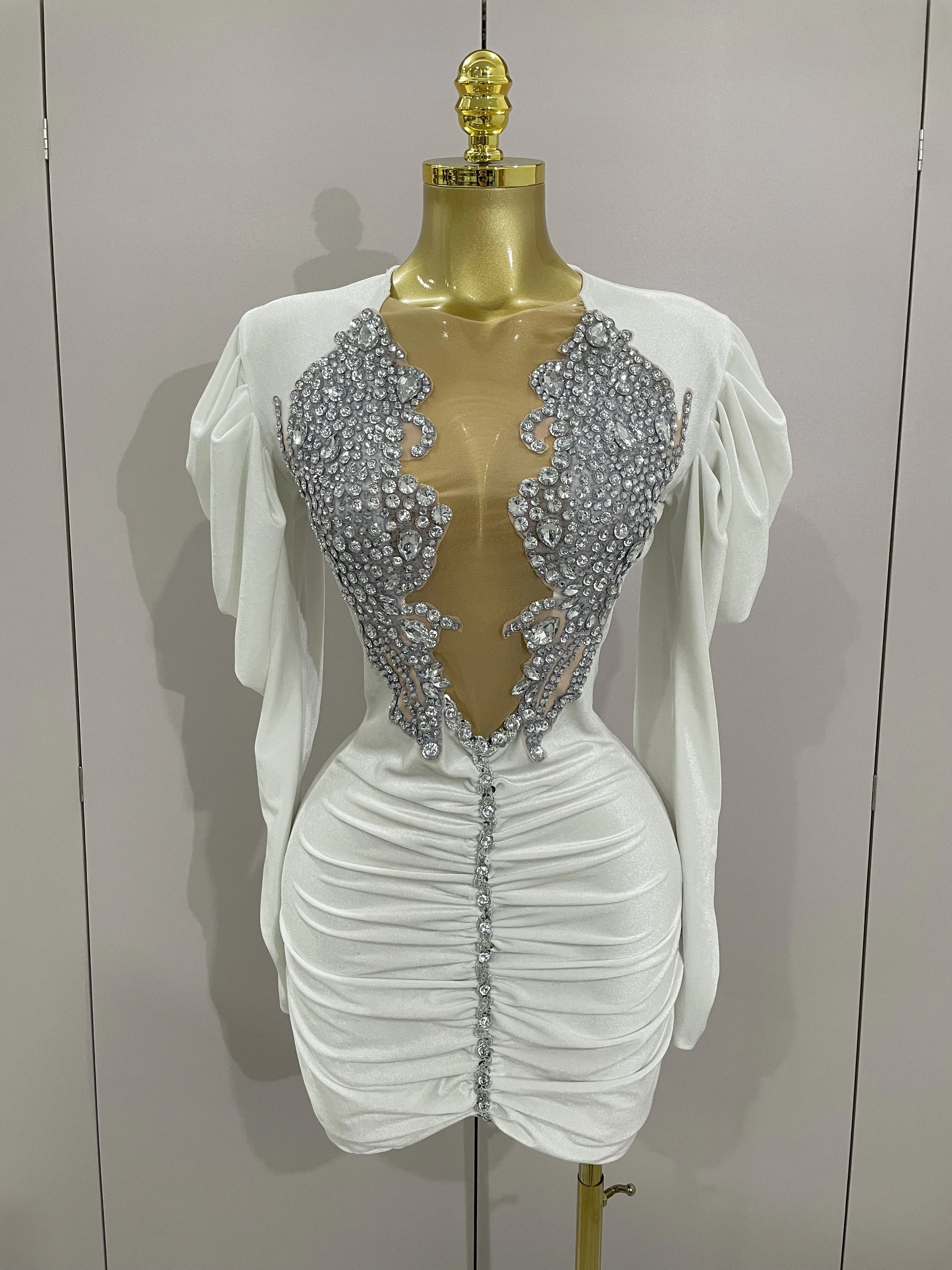 Luxus Sparkly Kristalle Sexy Mesh Weiß Samt Kurzes Kleid 2025, Frauen Elegante Abend Prom Geburtstag Party Kleider Bühne Kostüm Image
