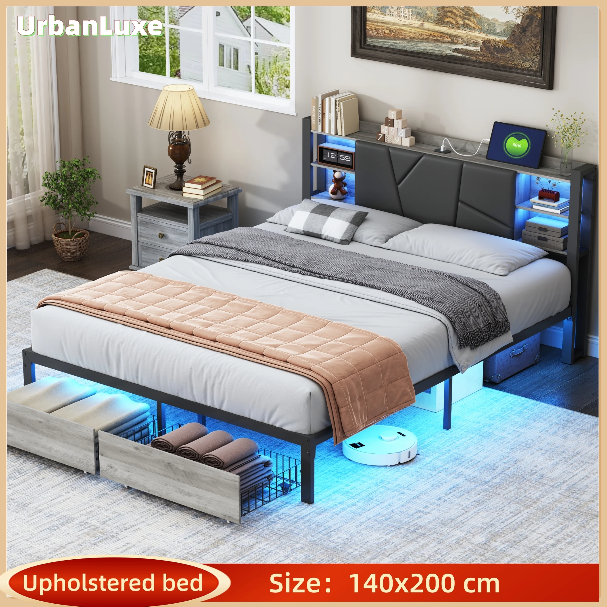 UrbanLuxe Bett 140x200 cm mit 2 Schubladen und LED-Lichtleiste, ausgestattet mit Steckdosen, Bett mit Stauraum, PU, ​​schwarz Image
