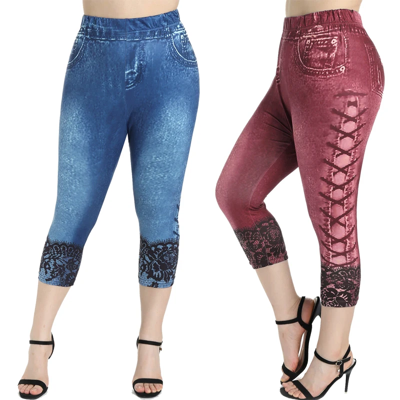 Rosegal Damen Capri Leggings Mode hoch taillierte 3D Denim bedruckte Bleistift hose S-5XL Damen Sommer nahtlose Midi Hose 5xl Image