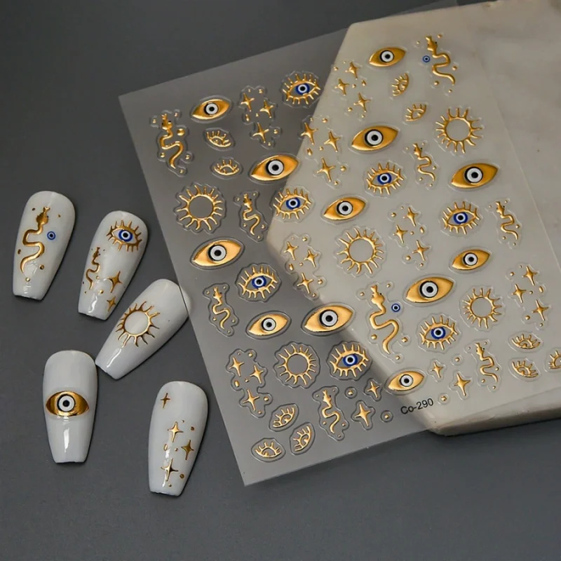 1pc Teufelsauge Nagelaufkleber Goldfolie Geprägte Augen Sonne Sterne 3D Tragbare Nagelaufkleber Telefon Laptop Dekoration Aufkleber Image