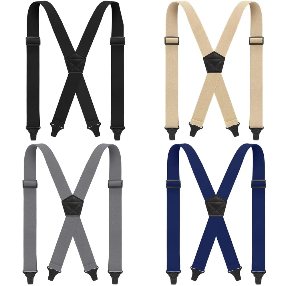 Modische, robuste, große und hohe Hosenträger für Herren für die Arbeit, 3,8 cm breit, X-Rücken, 4 starke Kunststoff-Clips, verstellbare elastische Hosenträger Image